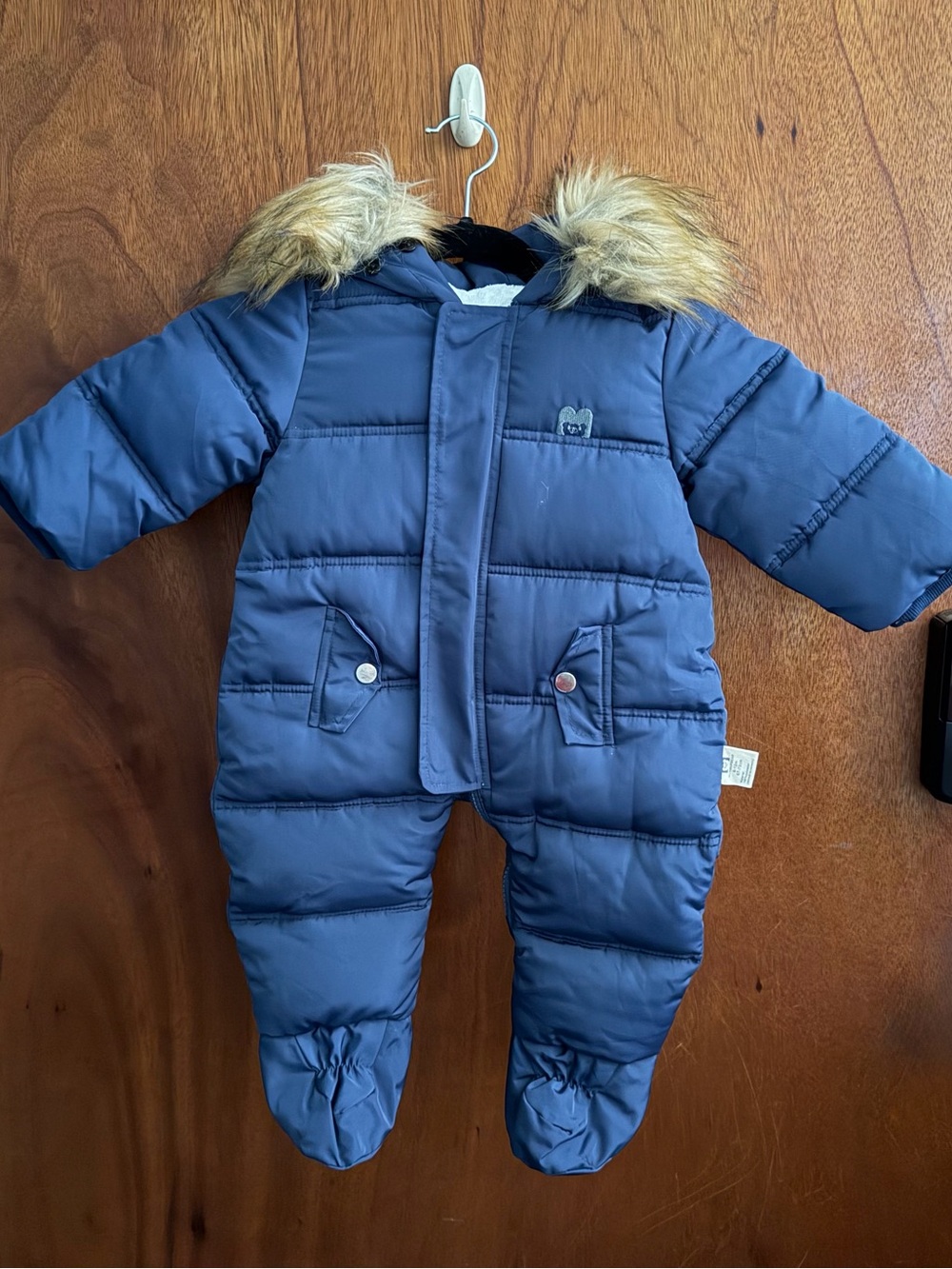 Murmurbear Baby Infant Navy Hooded Puffer Snowsuit with Faux-Fur Trim